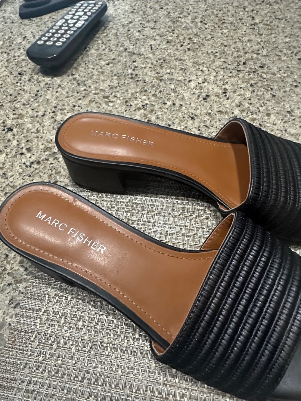 Marc Fisher Black Ribbed Leather Slide Mules